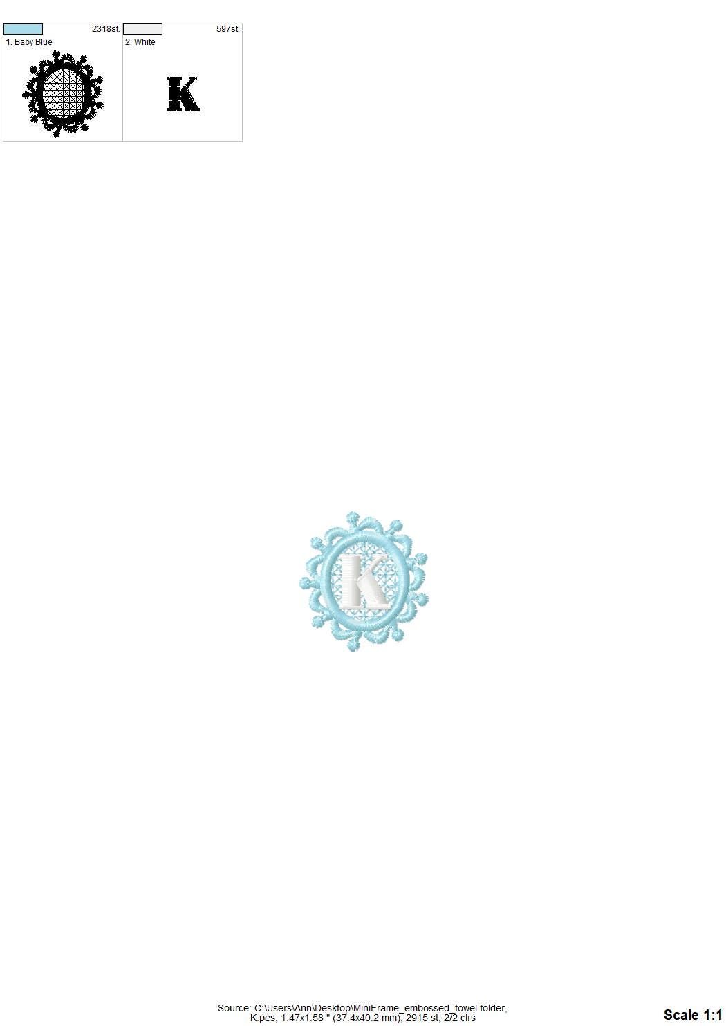 MIni 1.5 inch Embossed terry towel lace monogram SET letters A-Z oval lacy circle machine embroidery designs wedding girl birthday gift idea