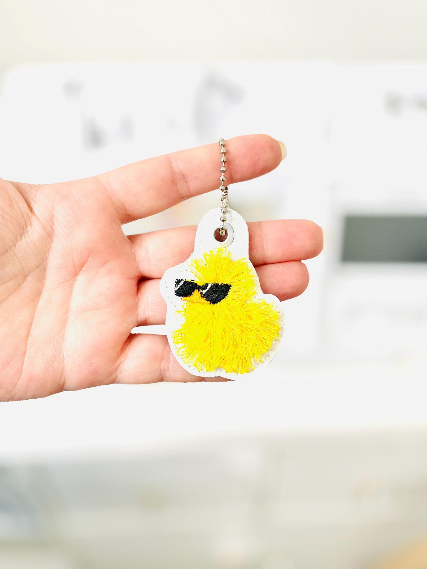 Cute Fluffy Rubber Duck Sunglasses fringed Eyelet and Key Fob Snap Tab in the hoop machine embroidery designs ITH kids keychain for hoop 4x4