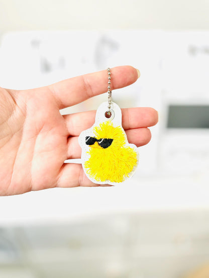 Cute Fluffy Rubber Duck Sunglasses fringed Eyelet and Key Fob Snap Tab in the hoop machine embroidery designs ITH kids keychain for hoop 4x4