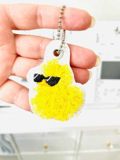 Cute Fluffy Rubber Duck Sunglasses fringed Eyelet and Key Fob Snap Tab in the hoop machine embroidery designs ITH kids keychain for hoop 4x4