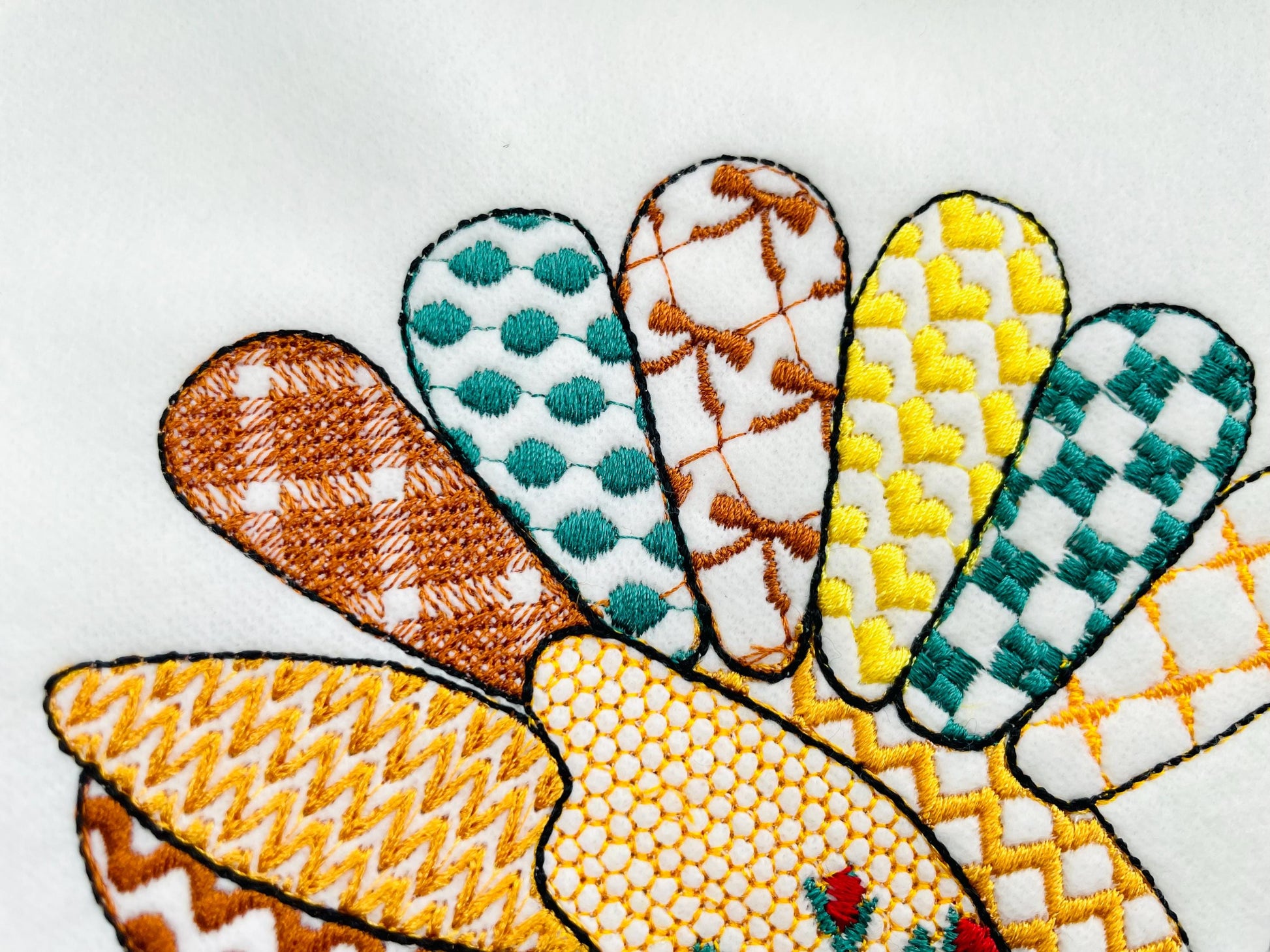 Patchwork Turkey Lola Fall Thanksgiving Turkey patterned outline machine embroidery designs sizes 4 up to 8 inch awesome kitchen farm design