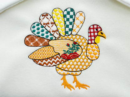 Patchwork Turkey Lola Fall Thanksgiving Turkey patterned outline machine embroidery designs sizes 4 up to 8 inch awesome kitchen farm design