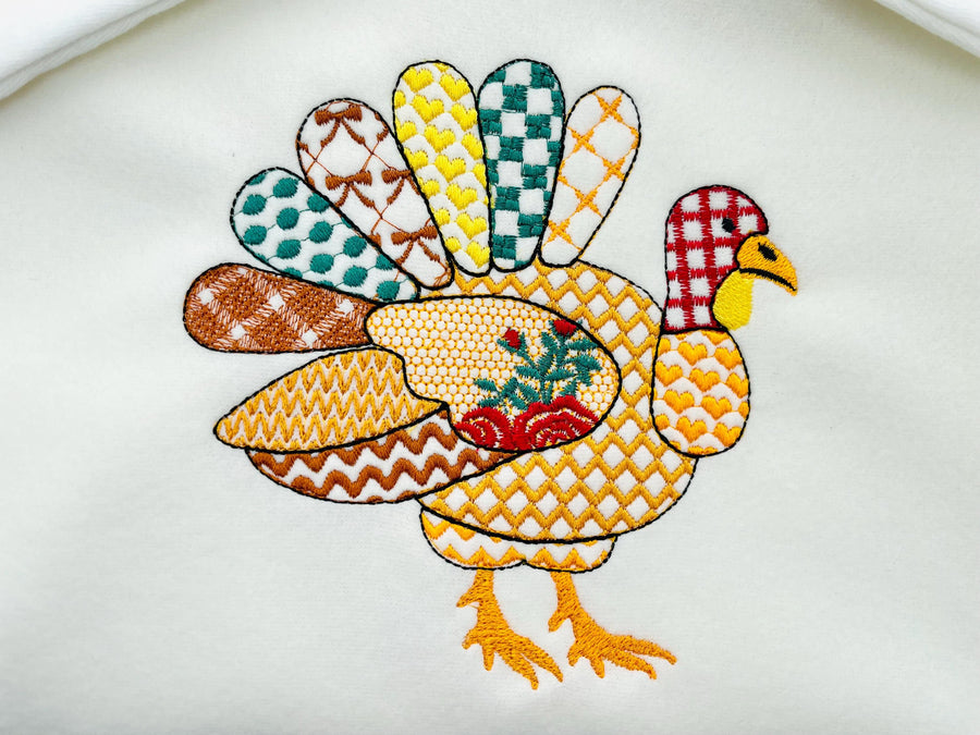 Patchwork Turkey Lola Fall Thanksgiving Turkey patterned outline machine embroidery designs sizes 4 up to 8 inch awesome kitchen farm design