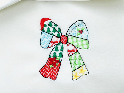 Patchwork Christmas Bow patterned silhouette outline Ribbon Santa hat kids baby girls machine embroidery designs many sizes 4 up to 8 inches