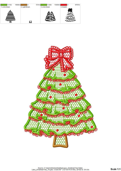Festive Christmas Tree with Bow awesome Lace Effect and Ruffle machine embroidery designs for hoop 5x7 6x10 8x8 sweet home decoration