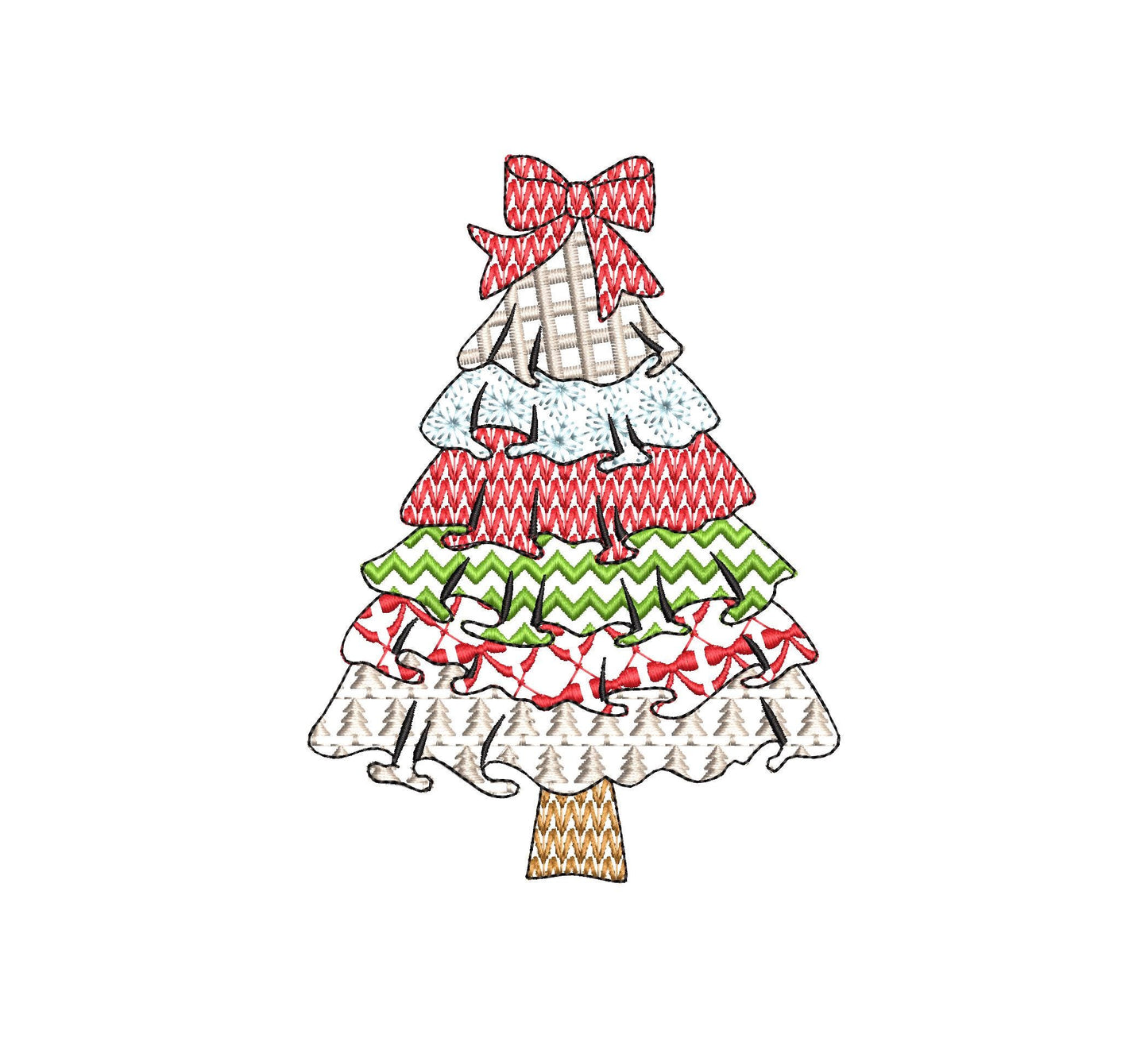 Patchwork Christmas Tree with Bow and Ruffle patterned Pine outline machine embroidery designs many sizes 4 up to 10 inch folk farm design