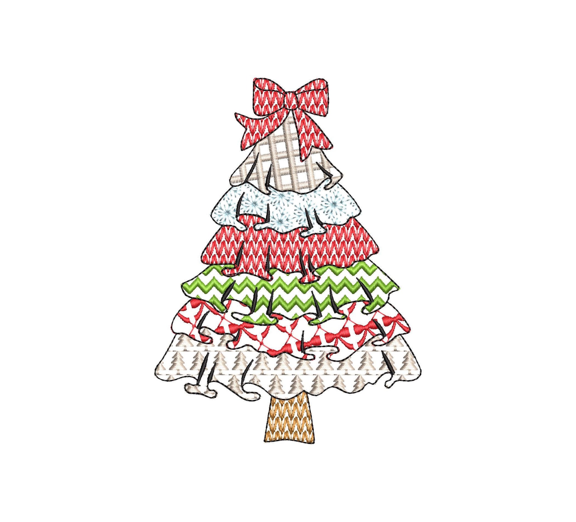 Patchwork Christmas Tree with Bow and Ruffle patterned Pine outline machine embroidery designs many sizes 4 up to 10 inch folk farm design