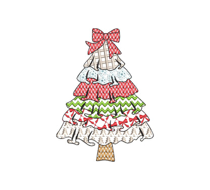Patchwork Christmas Tree with Bow and Ruffle patterned Pine outline machine embroidery designs many sizes 4 up to 10 inch folk farm design