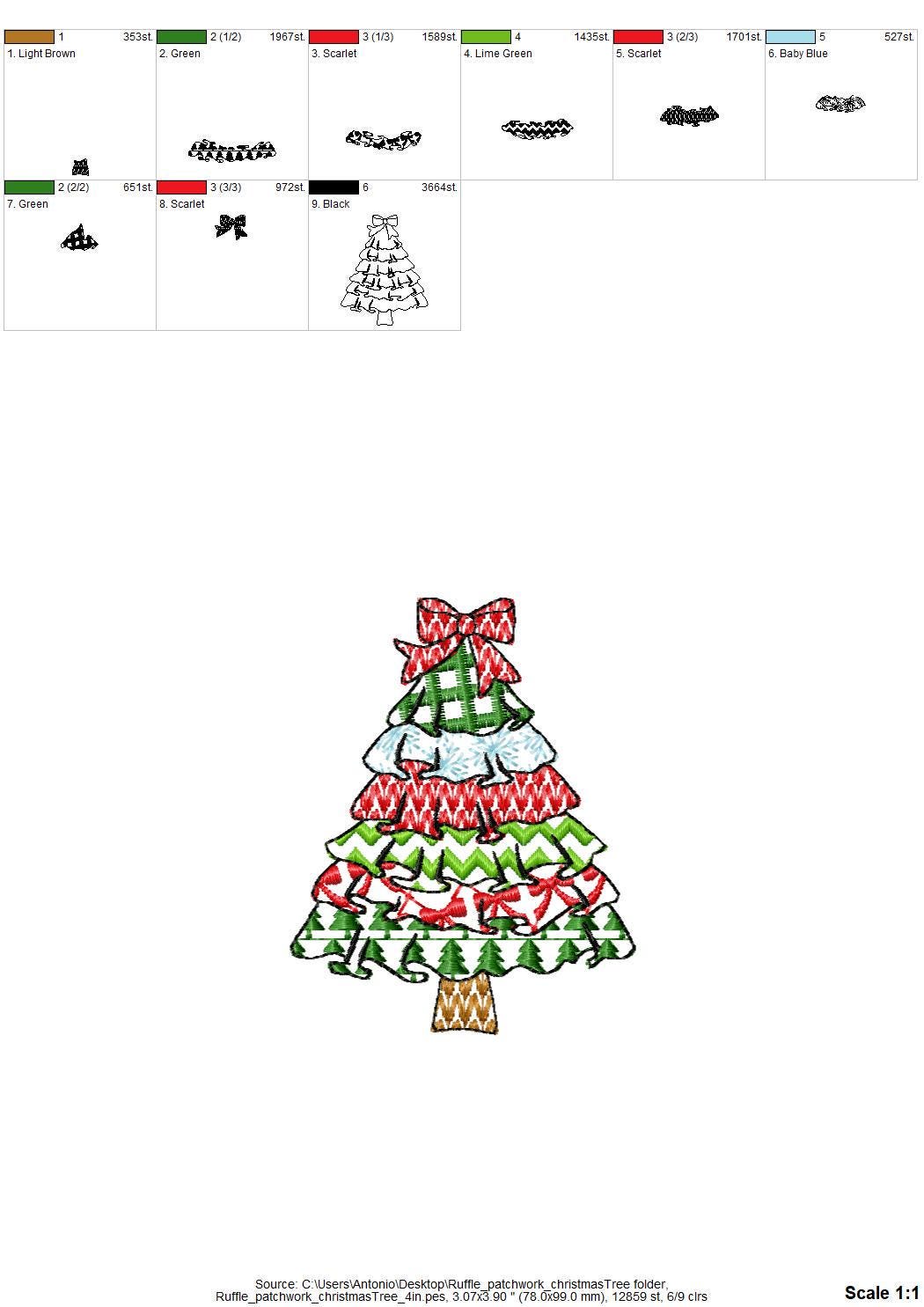 Patchwork Christmas Tree with Bow and Ruffle patterned Pine outline machine embroidery designs many sizes 4 up to 10 inch folk farm design
