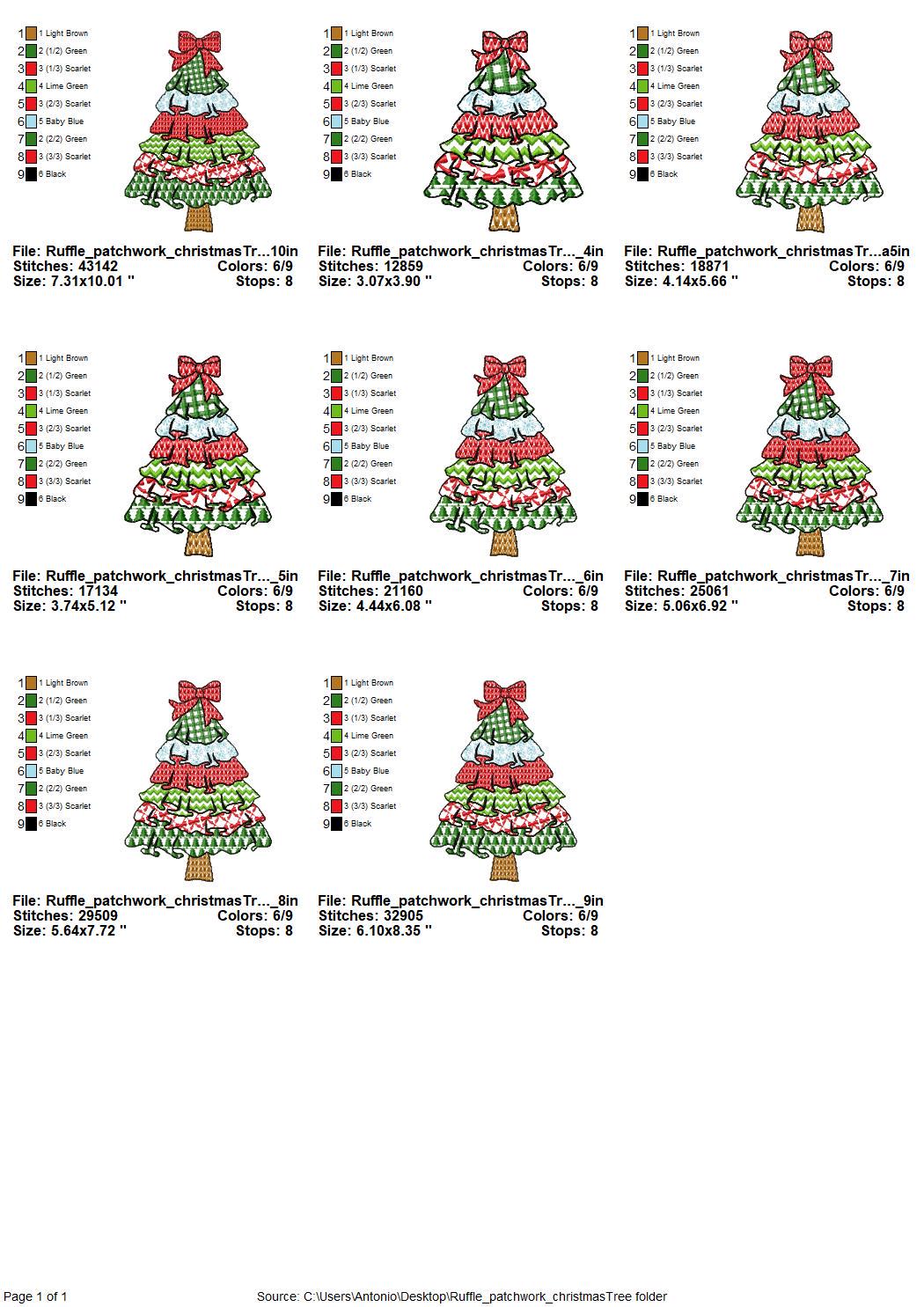 Patchwork Christmas Tree with Bow and Ruffle patterned Pine outline machine embroidery designs many sizes 4 up to 10 inch folk farm design