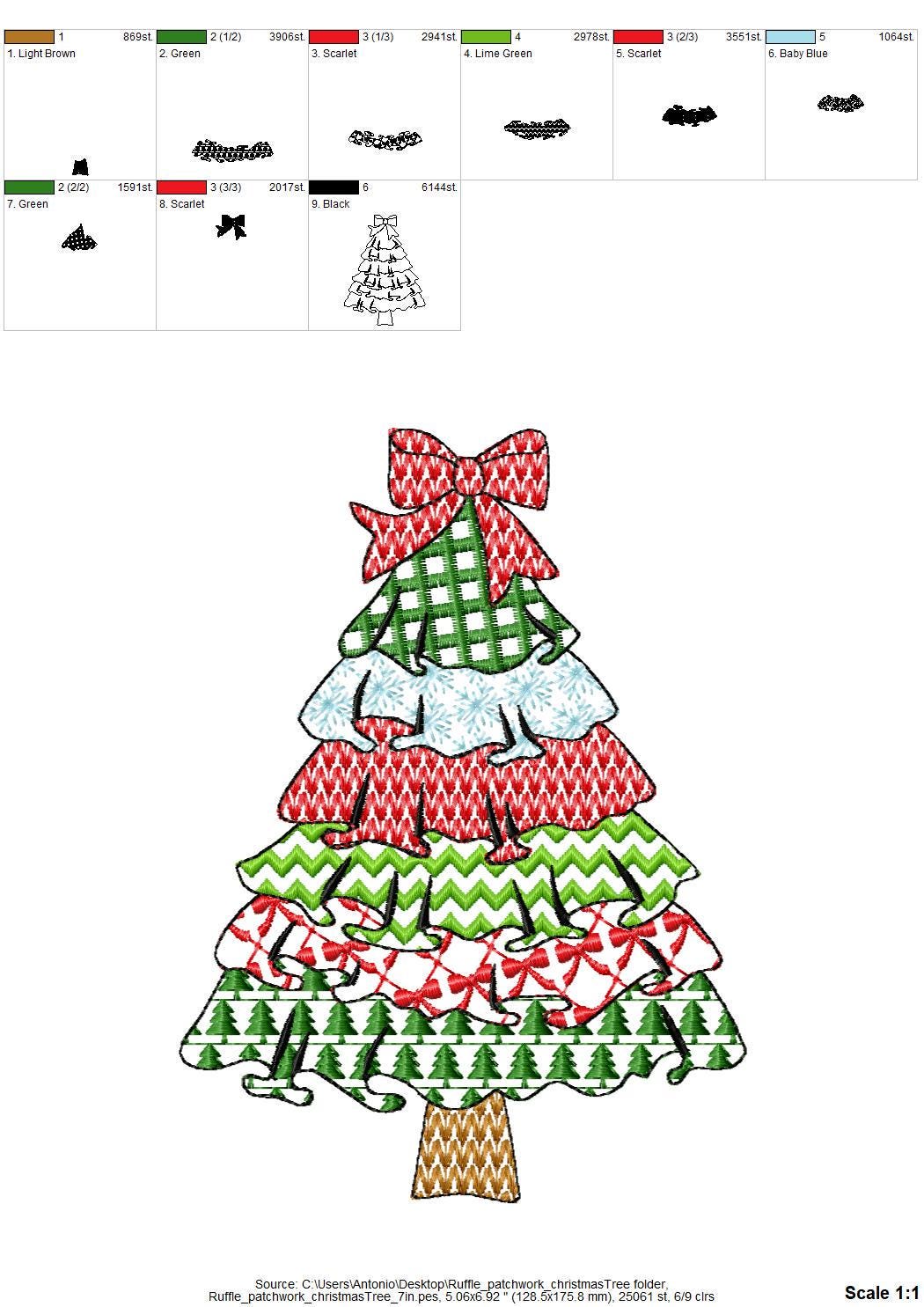 Patchwork Christmas Tree with Bow and Ruffle patterned Pine outline machine embroidery designs many sizes 4 up to 10 inch folk farm design