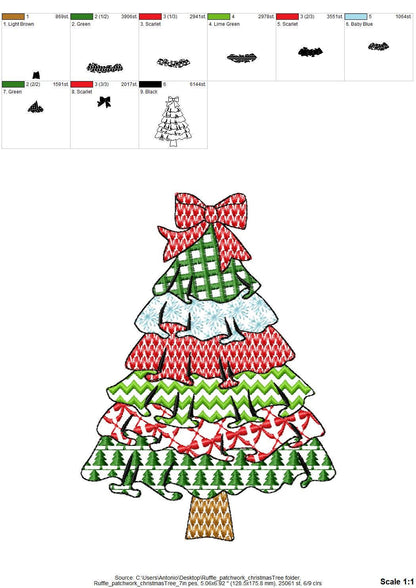 Patchwork Christmas Tree with Bow and Ruffle patterned Pine outline machine embroidery designs many sizes 4 up to 10 inch folk farm design