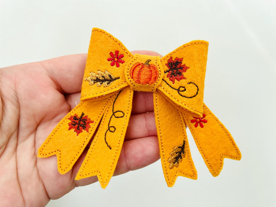 Awesome Fall Pumpkin Bow 3D dimensional machine embroidery designs felt feltie design simply in the hoop ITH project Thanksgiving kids girls