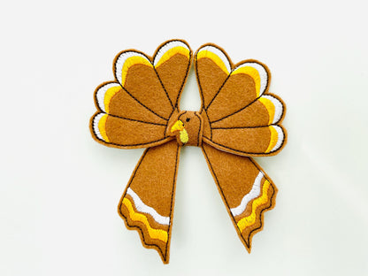 Fall Turkey Bow 3D dimensional machine embroidery designs felt feltie design simply in the hoop ITH project kids girls Farm Thanksgiving