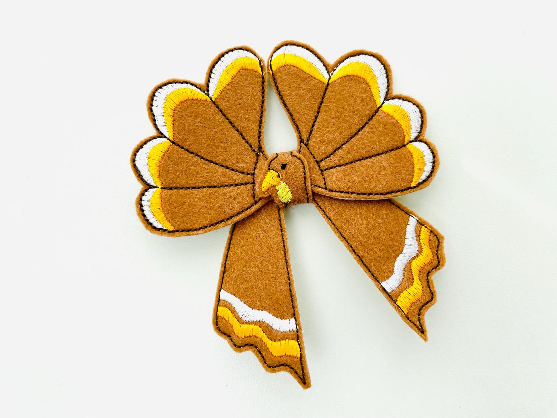 Fall Turkey Bow 3D dimensional machine embroidery designs felt feltie design simply in the hoop ITH project kids girls Farm Thanksgiving
