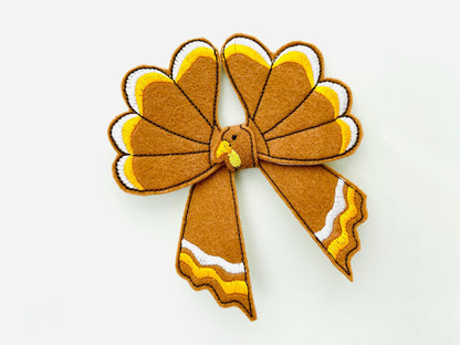 Fall Turkey Bow 3D dimensional machine embroidery designs felt feltie design simply in the hoop ITH project kids girls Farm Thanksgiving
