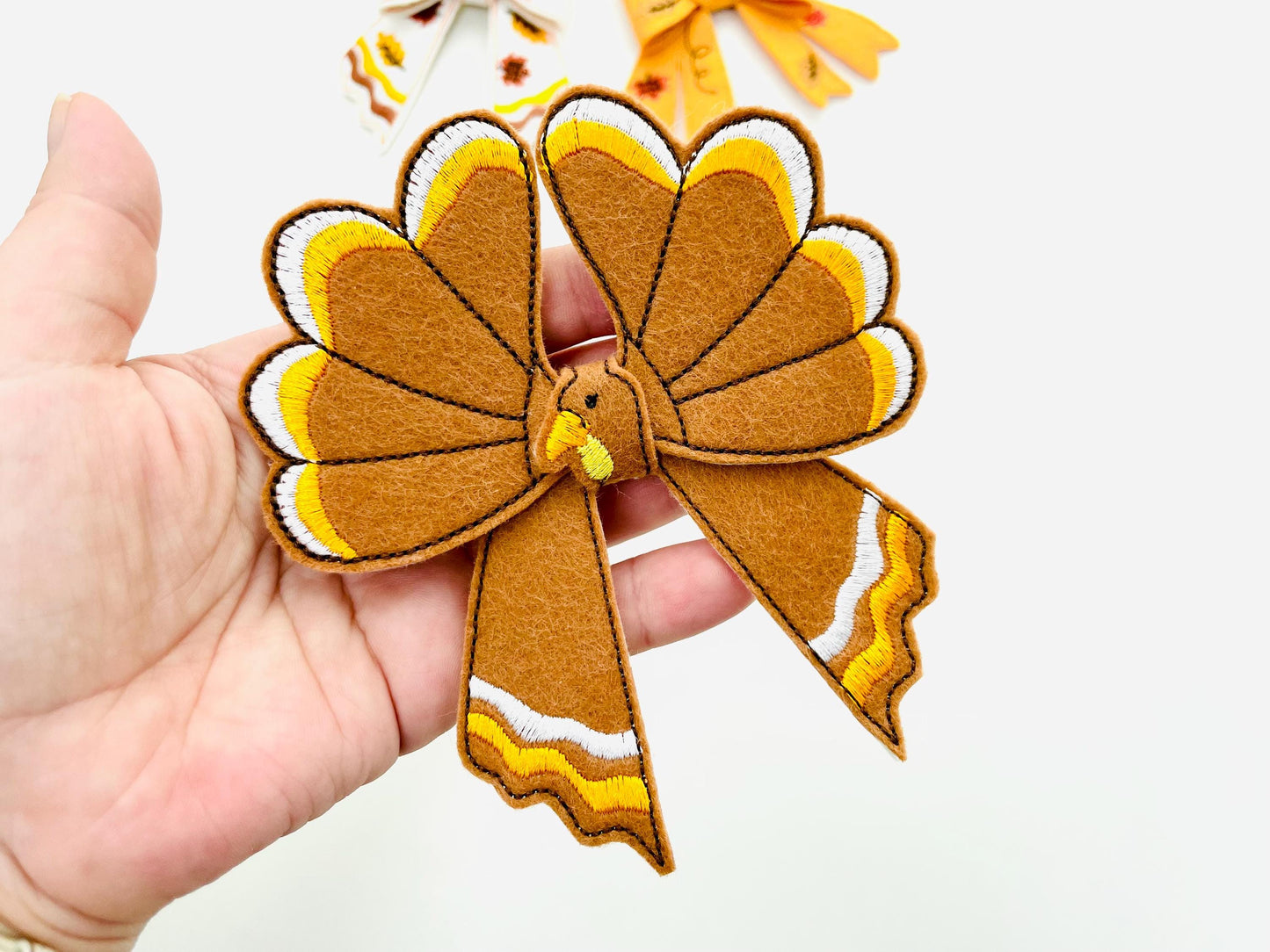 Fall Turkey Bow 3D dimensional machine embroidery designs felt feltie design simply in the hoop ITH project kids girls Farm Thanksgiving