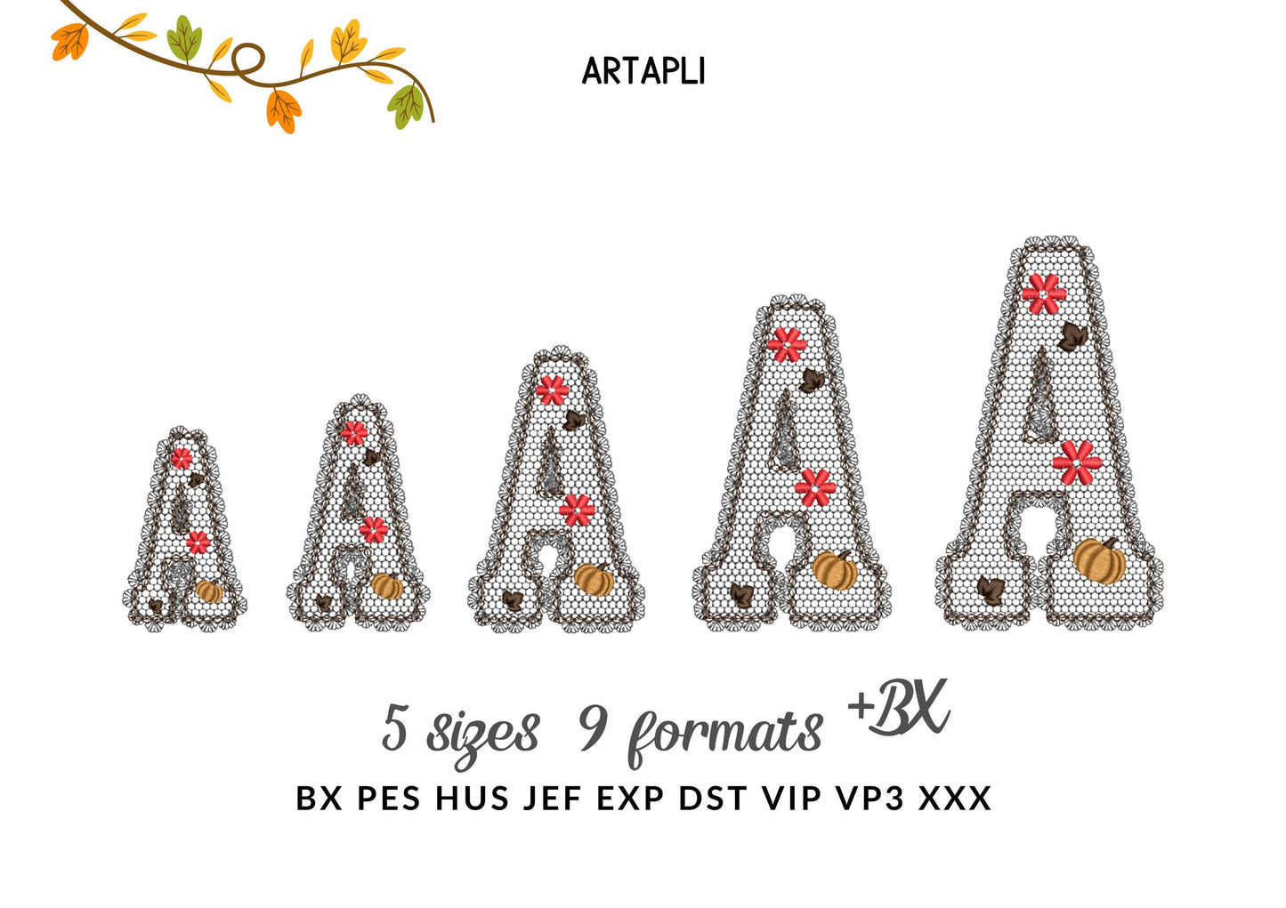 Lace Edge Fall Pumpkin FONT lace patterned Floral Alphabet Monogram Thanksgiving machine embroidery designs assorted sizes 2.5 up to 5 inch