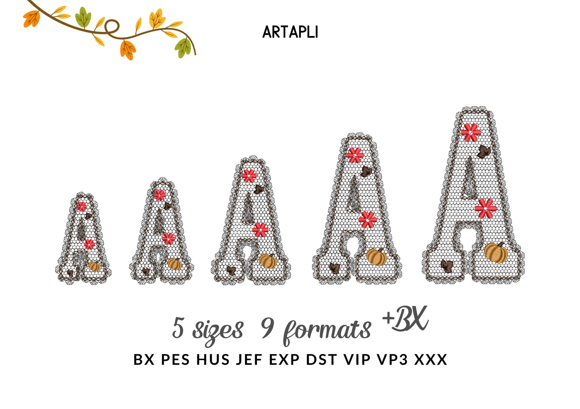 Lace Edge Fall Pumpkin FONT lace patterned Floral Alphabet Monogram Thanksgiving machine embroidery designs assorted sizes 2.5 up to 5 inch
