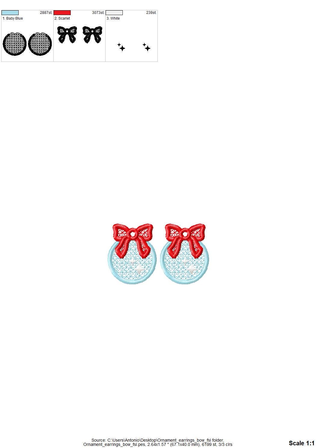 Christmas Ornament with Bow Earrings Charm or gift tag FSL freestanding lace machine embroidery designs girls earrings simply in the hoop