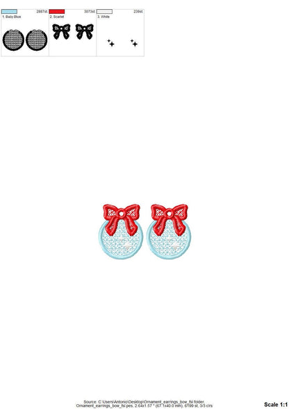 Christmas Ornament with Bow Earrings Charm or gift tag FSL freestanding lace machine embroidery designs girls earrings simply in the hoop