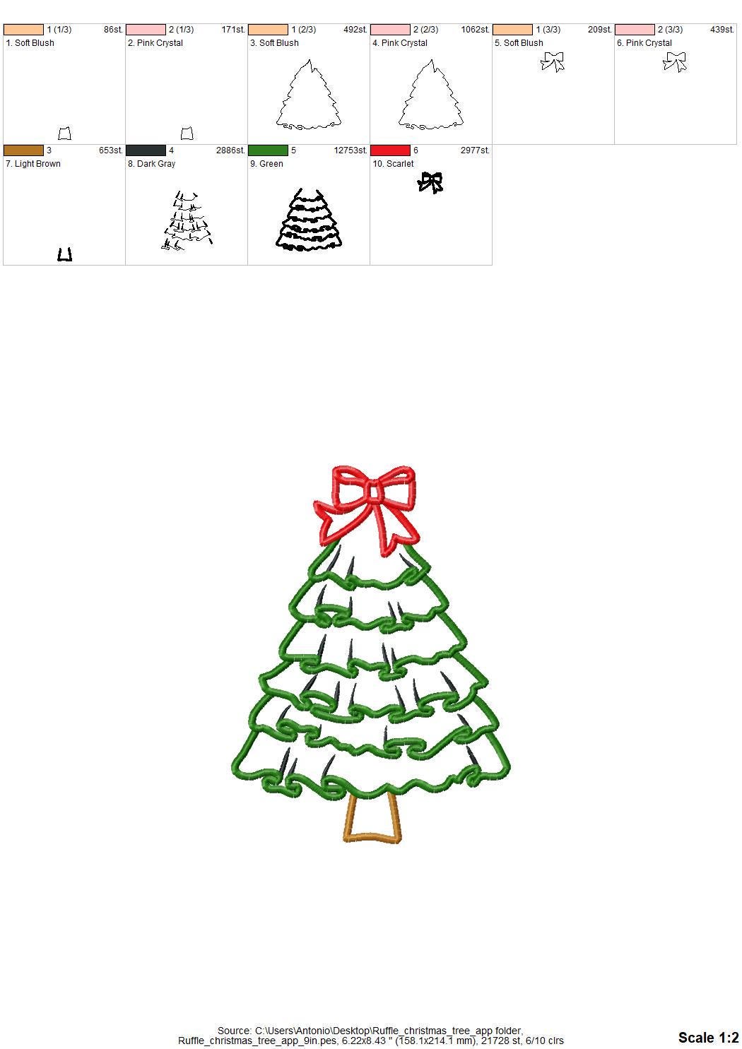Ruffle Christmas Tree with Bow Applique machine embroidery design