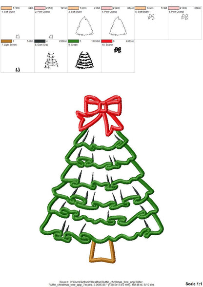 Ruffle Christmas Tree with Bow Applique machine embroidery design