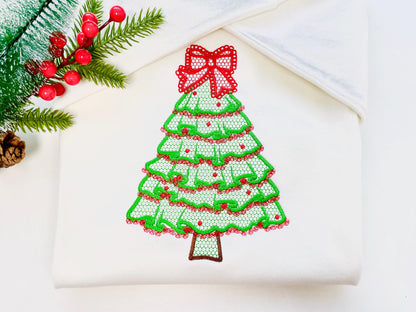 Festive Christmas Tree with Bow awesome Lace Effect and Ruffle machine embroidery designs for hoop 5x7 6x10 8x8 sweet home decoration