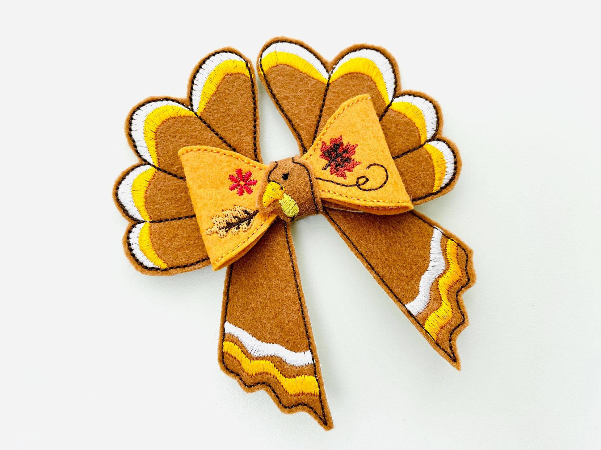 Festive Turkey Bow 3D dimensional machine embroidery designs felt feltie design simply in the hoop ITH project kids girls Farm Thanksgiving