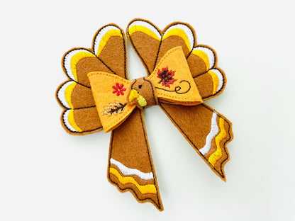 Festive Turkey Bow 3D dimensional machine embroidery designs felt feltie design simply in the hoop ITH project kids girls Farm Thanksgiving