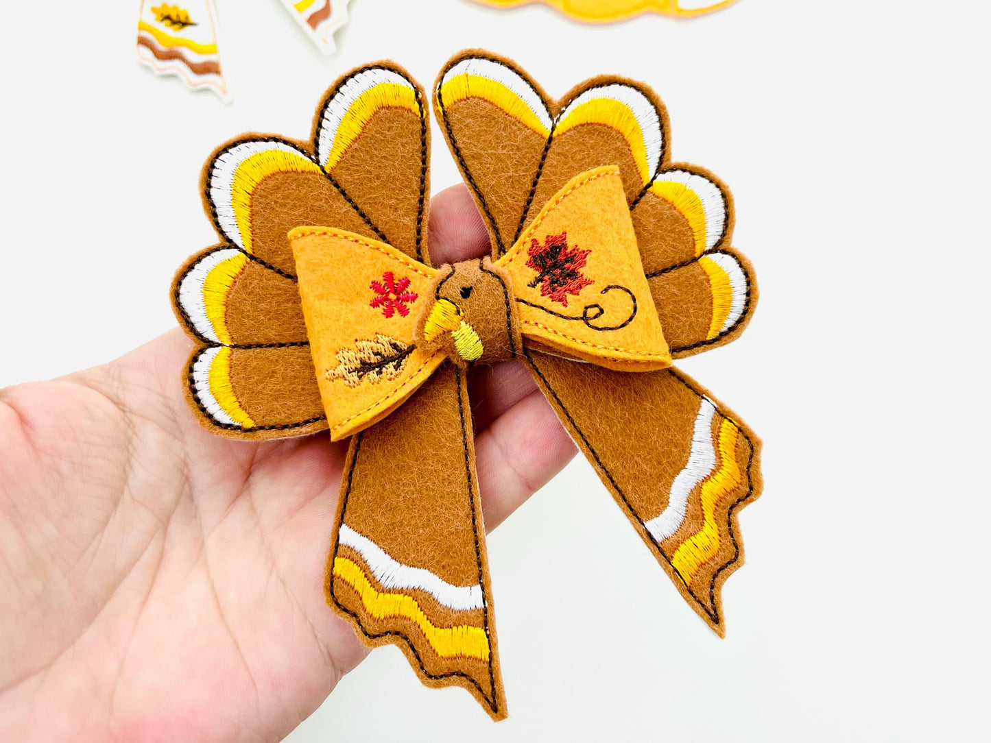 Festive Turkey Bow 3D dimensional machine embroidery designs felt feltie design simply in the hoop ITH project kids girls Farm Thanksgiving