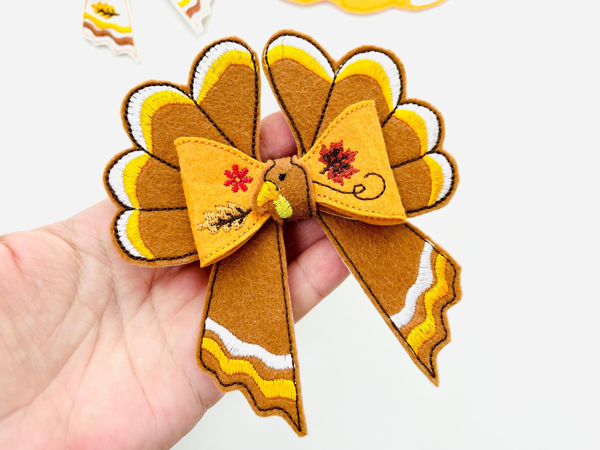 Festive Turkey Bow 3D dimensional machine embroidery designs felt feltie design simply in the hoop ITH project kids girls Farm Thanksgiving