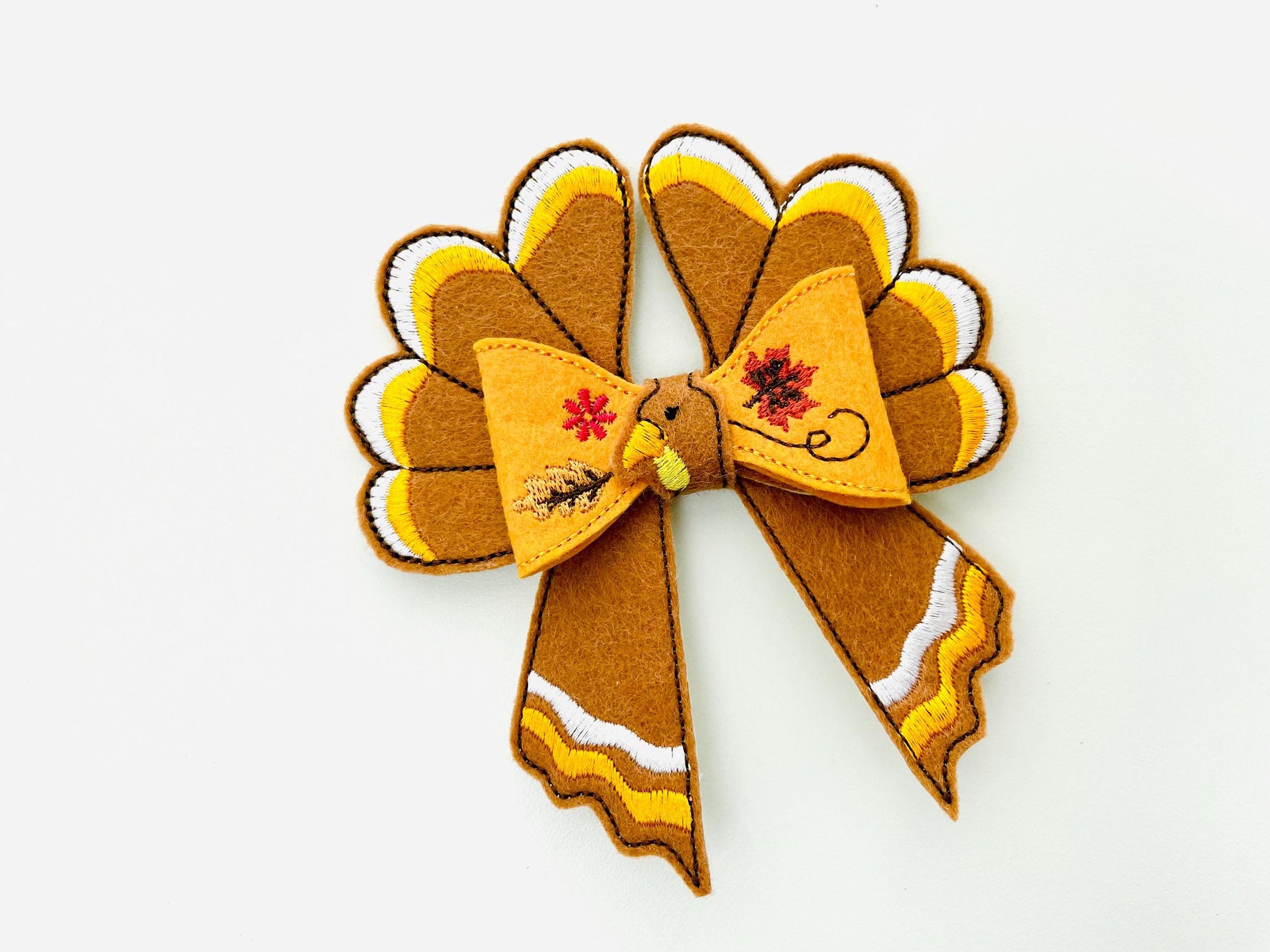 Festive Turkey Bow 3D dimensional machine embroidery designs felt feltie design simply in the hoop ITH project kids girls Farm Thanksgiving