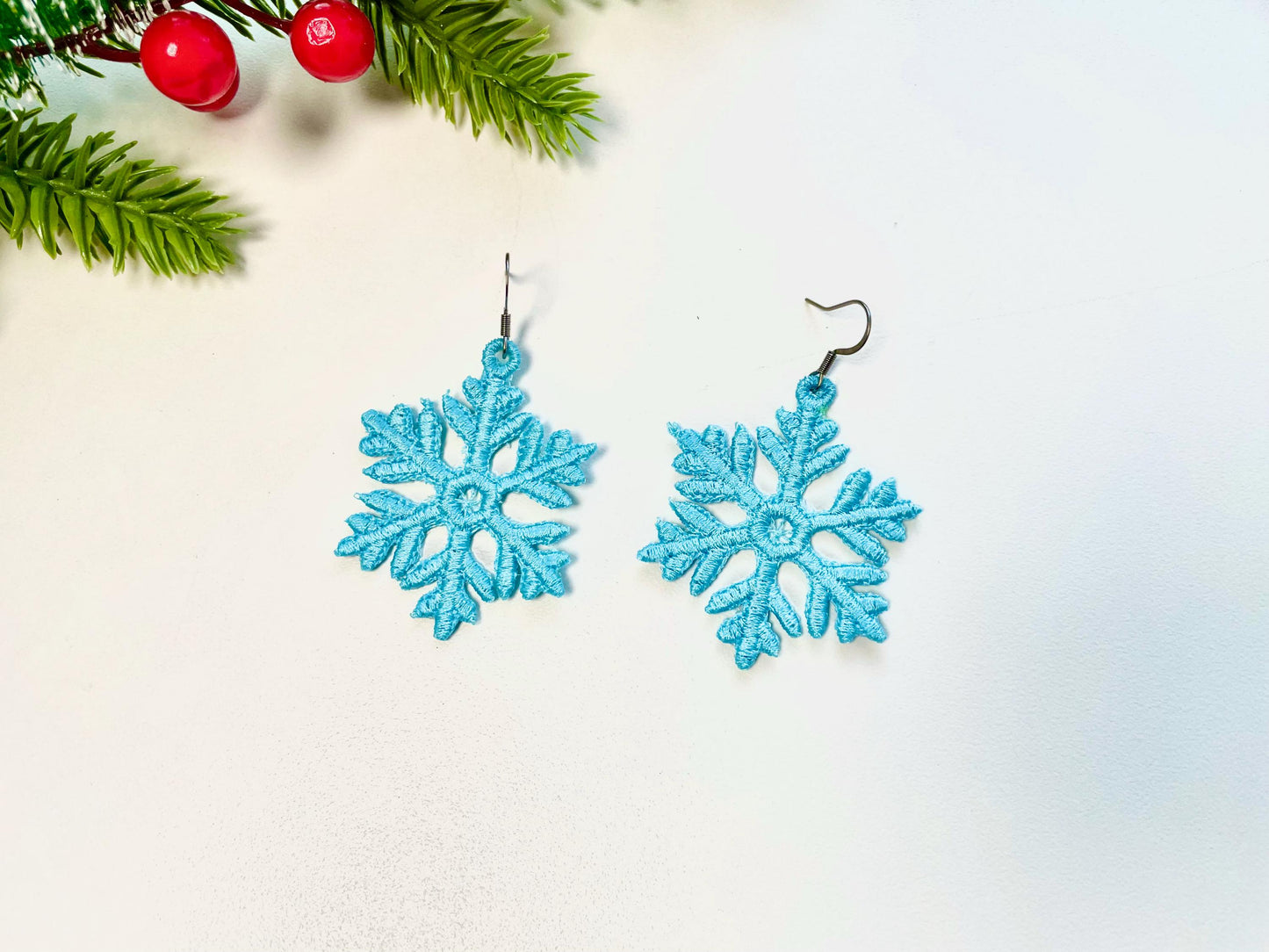 Snowflake charm earrings FSL freestanding lace Christmas machine embroidery designs kids girls Snow earrings size 2 inch simply in the hoop