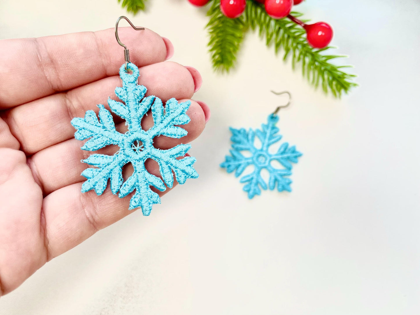 Snowflake charm earrings FSL freestanding lace Christmas machine embroidery designs kids girls Snow earrings size 2 inch simply in the hoop