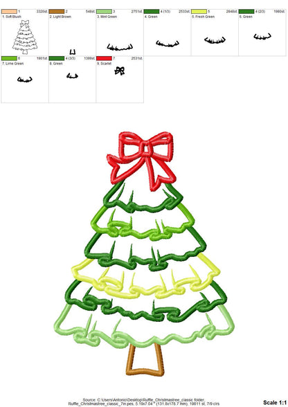 Big Classic Ruffle Christmas Tree with Bow Applique machine embroidery designs sizes 6 up to 9 inch awesome Holiday Pine Tree quick design