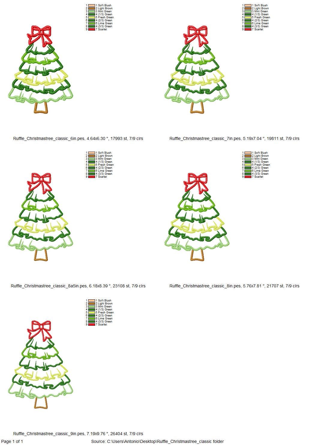 Big Classic Ruffle Christmas Tree with Bow Applique machine embroidery designs sizes 6 up to 9 inch awesome Holiday Pine Tree quick design