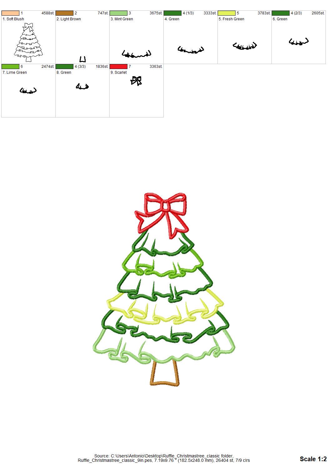 Big Classic Ruffle Christmas Tree with Bow Applique machine embroidery designs sizes 6 up to 9 inch awesome Holiday Pine Tree quick design