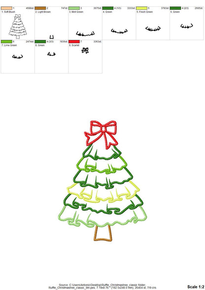 Big Classic Ruffle Christmas Tree with Bow Applique machine embroidery designs sizes 6 up to 9 inch awesome Holiday Pine Tree quick design