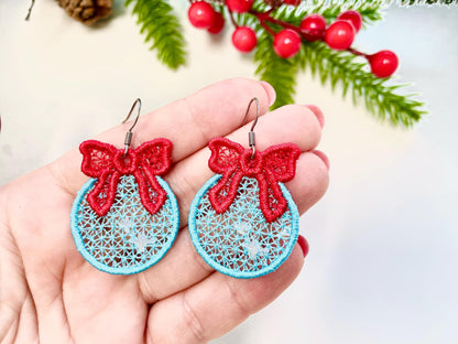 Christmas Ornament with Bow Earrings Charm or gift tag FSL freestanding lace machine embroidery designs girls earrings simply in the hoop