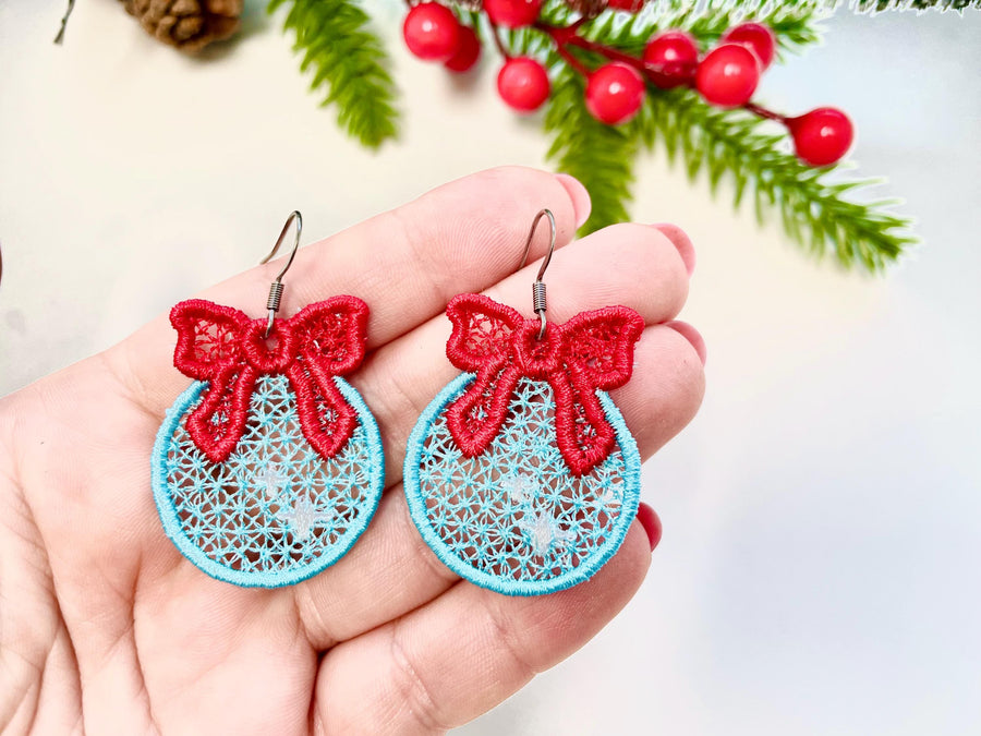 Christmas Ornament with Bow Earrings Charm or gift tag FSL freestanding lace machine embroidery designs girls earrings simply in the hoop