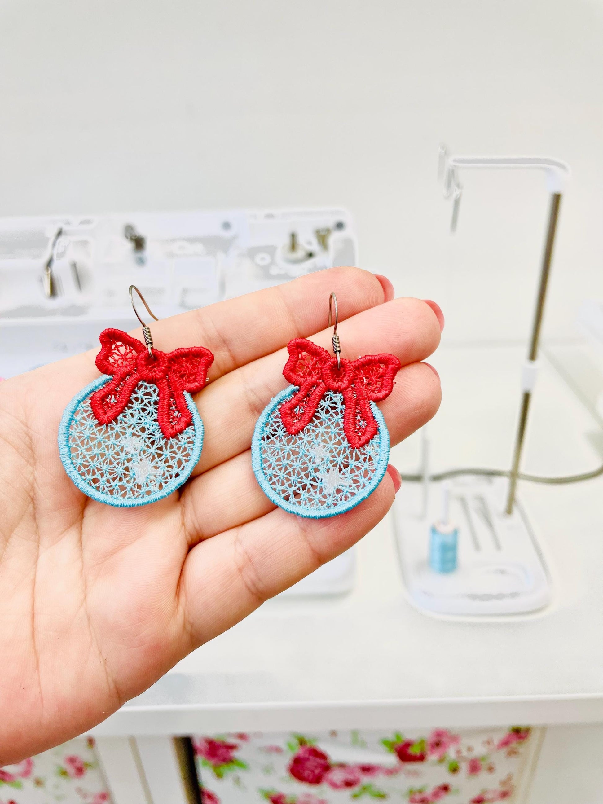 Christmas Ornament with Bow Earrings Charm or gift tag FSL freestanding lace machine embroidery designs girls earrings simply in the hoop