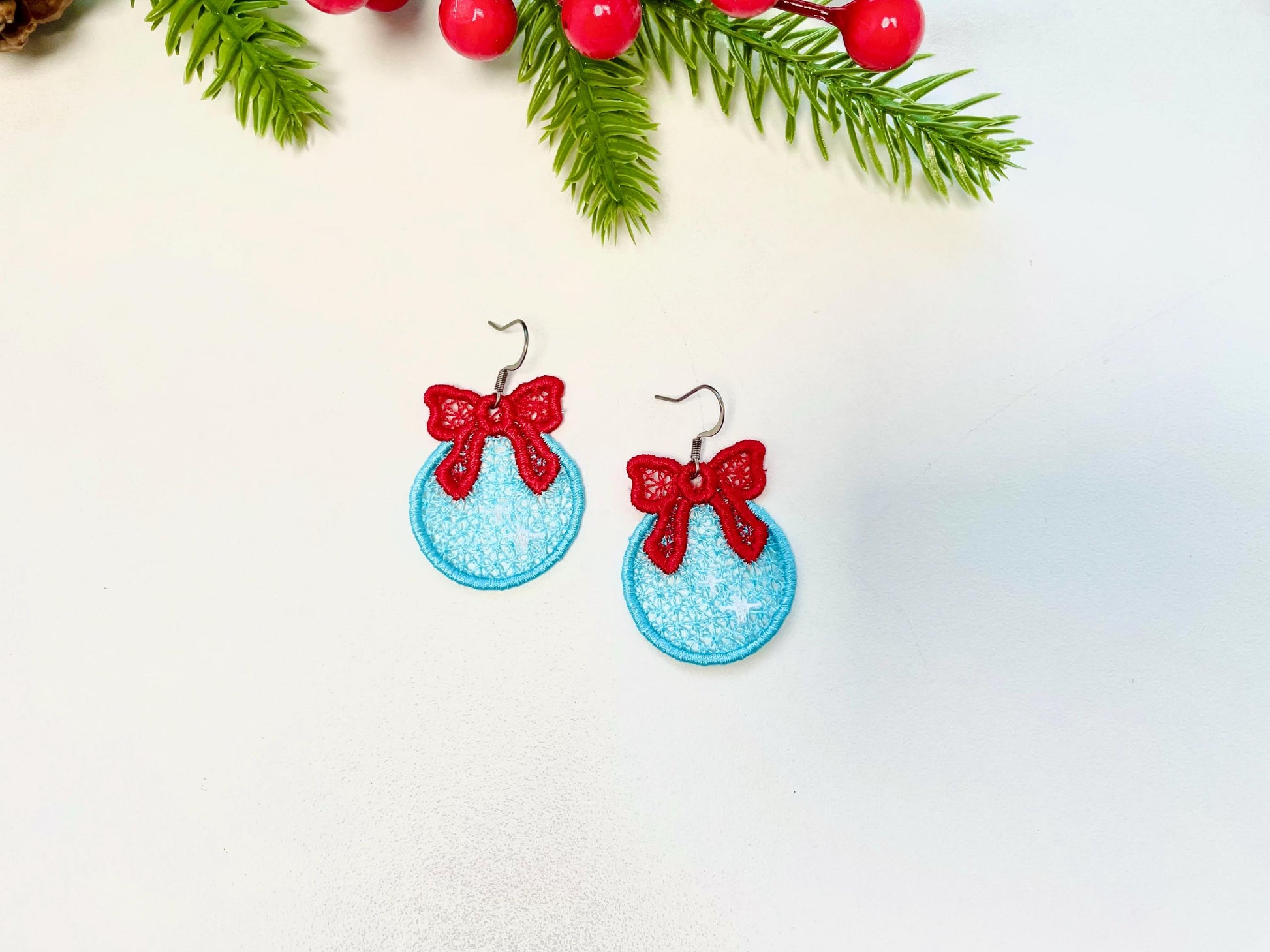 Christmas Ornament with Bow Earrings Charm or gift tag FSL freestanding lace machine embroidery designs girls earrings simply in the hoop