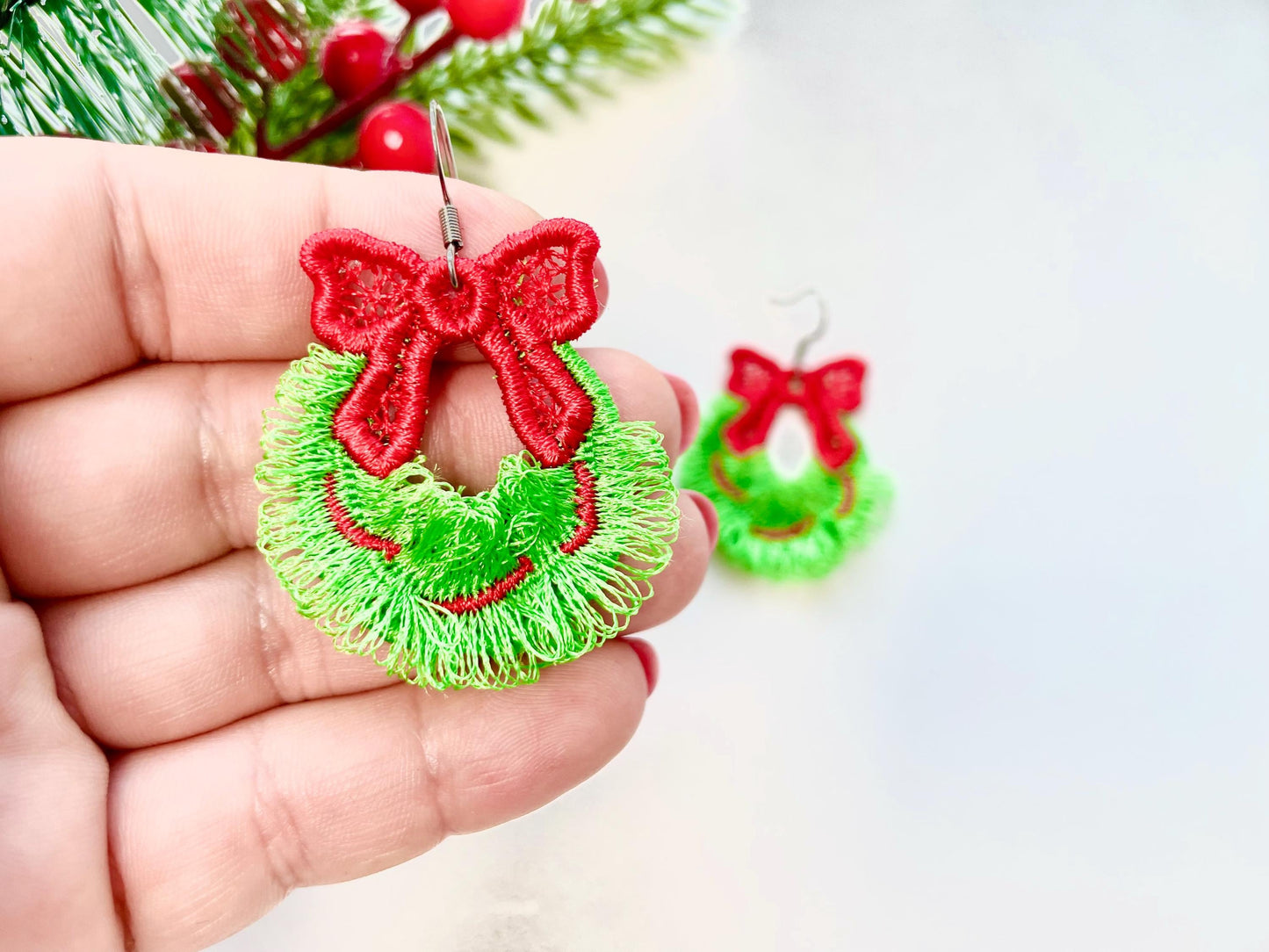 Cute Christmas Wreath Fringed Fluffy Earrings Charm in the Hoop FSL Freestanding Lace Kids Girls Machine Embroidery Designs Size 1.6 Inch - Etsy