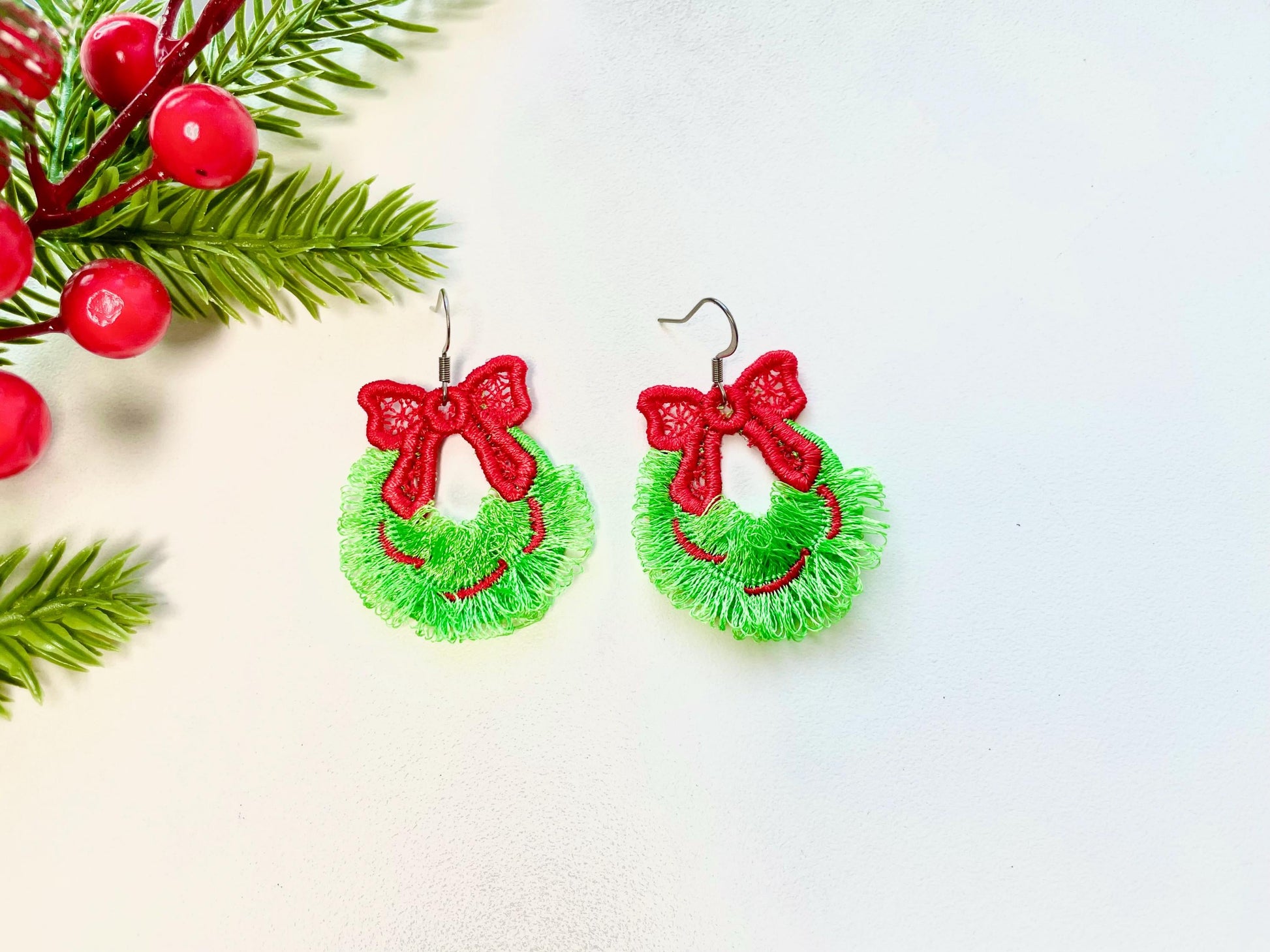 Cute Christmas Wreath Fringed Fluffy Earrings Charm in the Hoop FSL Freestanding Lace Kids Girls Machine Embroidery Designs Size 1.6 Inch - Etsy