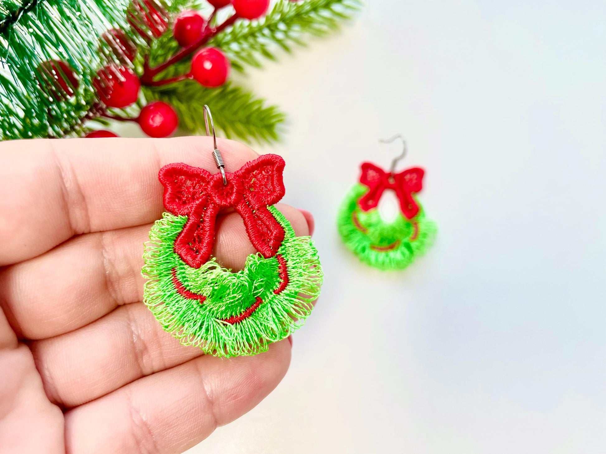 Cute Christmas Wreath Fringed Fluffy Earrings Charm in the Hoop FSL Freestanding Lace Kids Girls Machine Embroidery Designs Size 1.6 Inch - Etsy