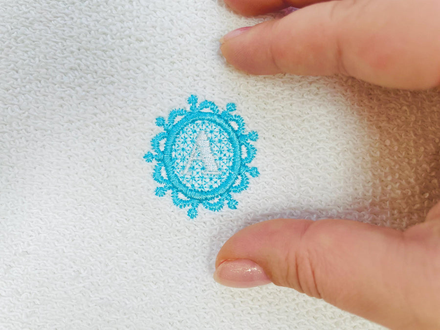 MIni 1.5 inch Embossed terry towel lace monogram SET letters A-Z oval lacy circle machine embroidery designs wedding girl birthday gift idea