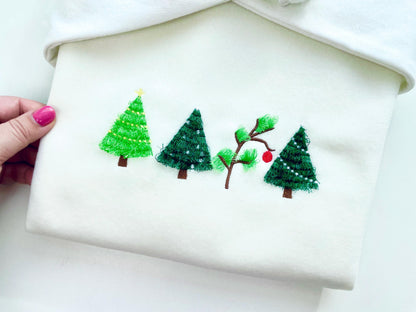Fringed Fluffy Christmas Tree Four in Row Pine Forest Fringe Fur Chenille Machine Embroidery Designs