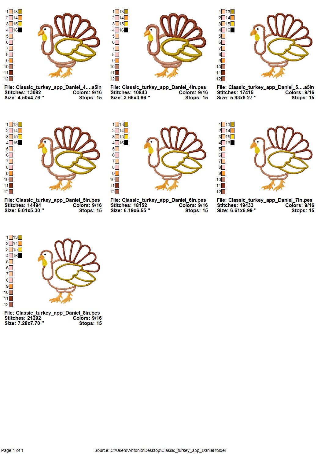 Fall Turkey Daniel Applique machine embroidery designs many sizes 4 up to 8 inch sweet home farm bird Gobble kitchen towel embroidery