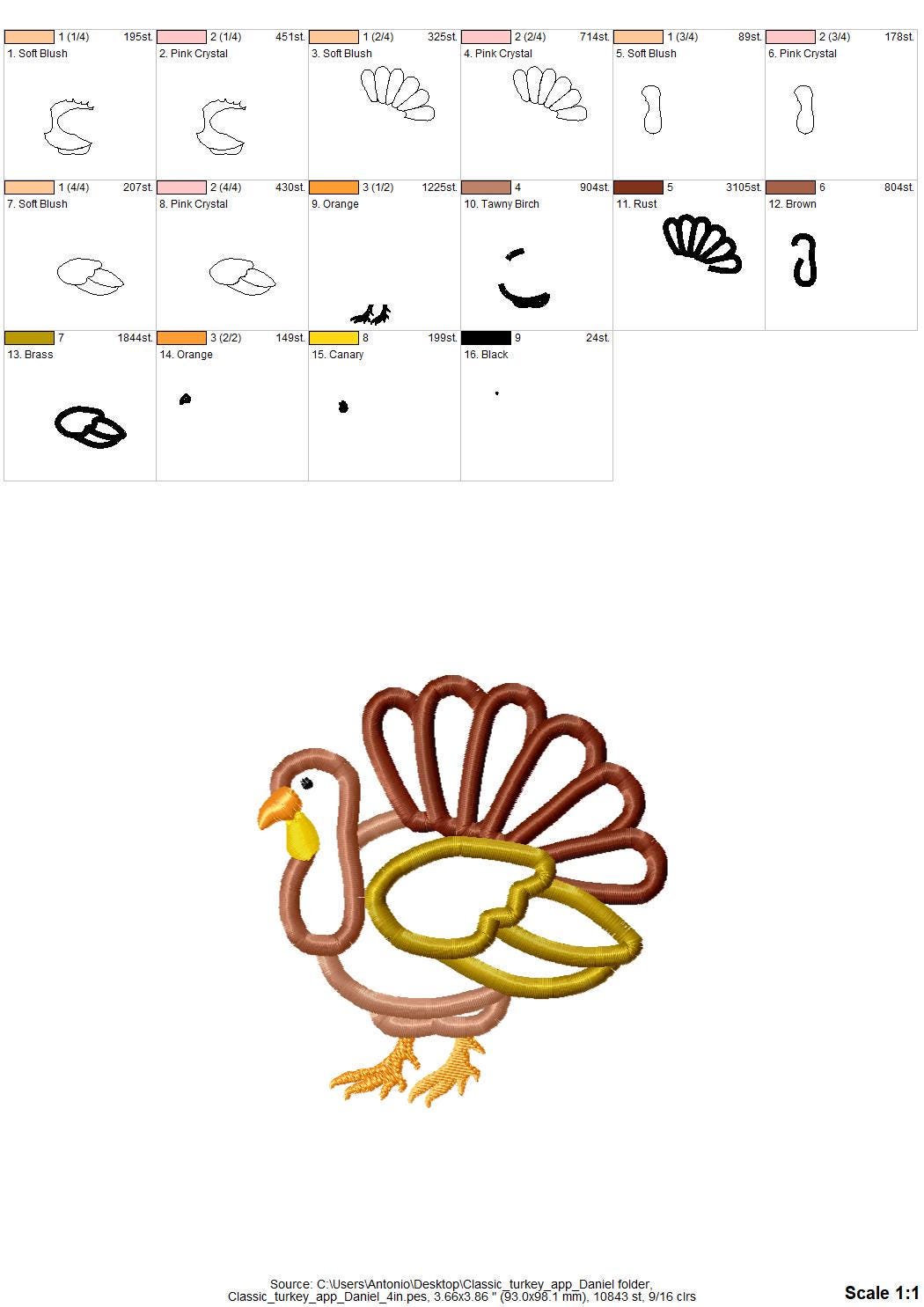 Fall Turkey Daniel Applique machine embroidery designs many sizes 4 up to 8 inch sweet home farm bird Gobble kitchen towel embroidery